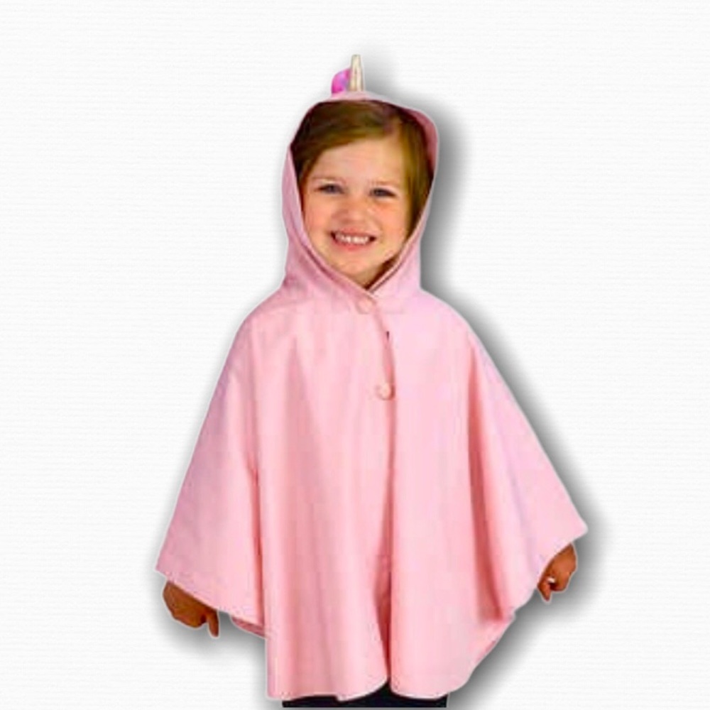 London Fog Girls Pink Unicorn Rain Jacket Cape Style Hoodie Jersey Lined NEW